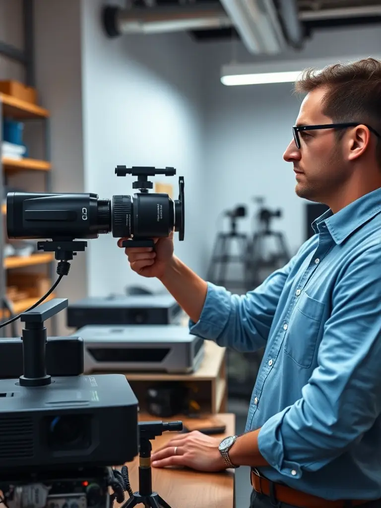 A technician calibrating a projector's color settings using professional equipment, demonstrating the commitment to restoring optimal image quality.