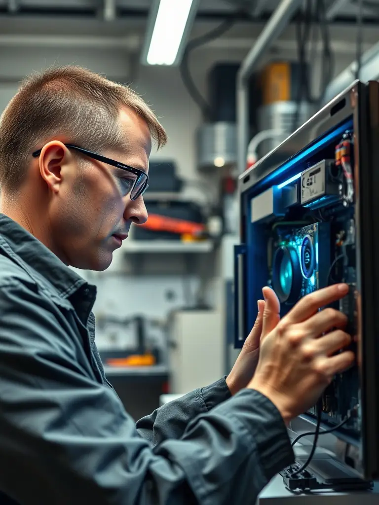 A close-up shot of a technician using specialized tools to diagnose a projector's internal components, highlighting the precision and technical expertise involved.