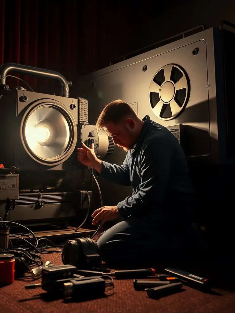 A technician carefully disassembling a projector in a well-lit repair workshop, showcasing the intricate components and tools used in the repair process. The scene emphasizes precision and expertise.