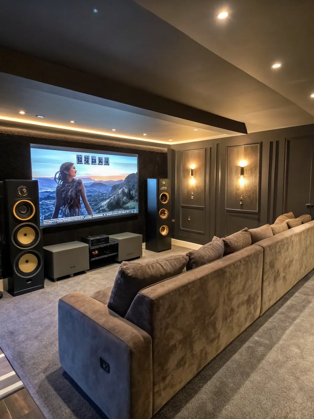 A high-resolution image of a projector screen displaying a vibrant movie scene, with comfortable seating and ambient lighting in the background, showcasing a complete home theater setup.