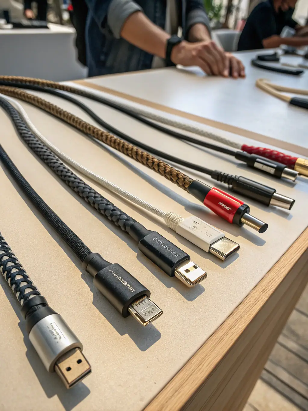A close-up shot of various HDMI cables and connectors, neatly arranged to showcase their quality and compatibility with different devices.